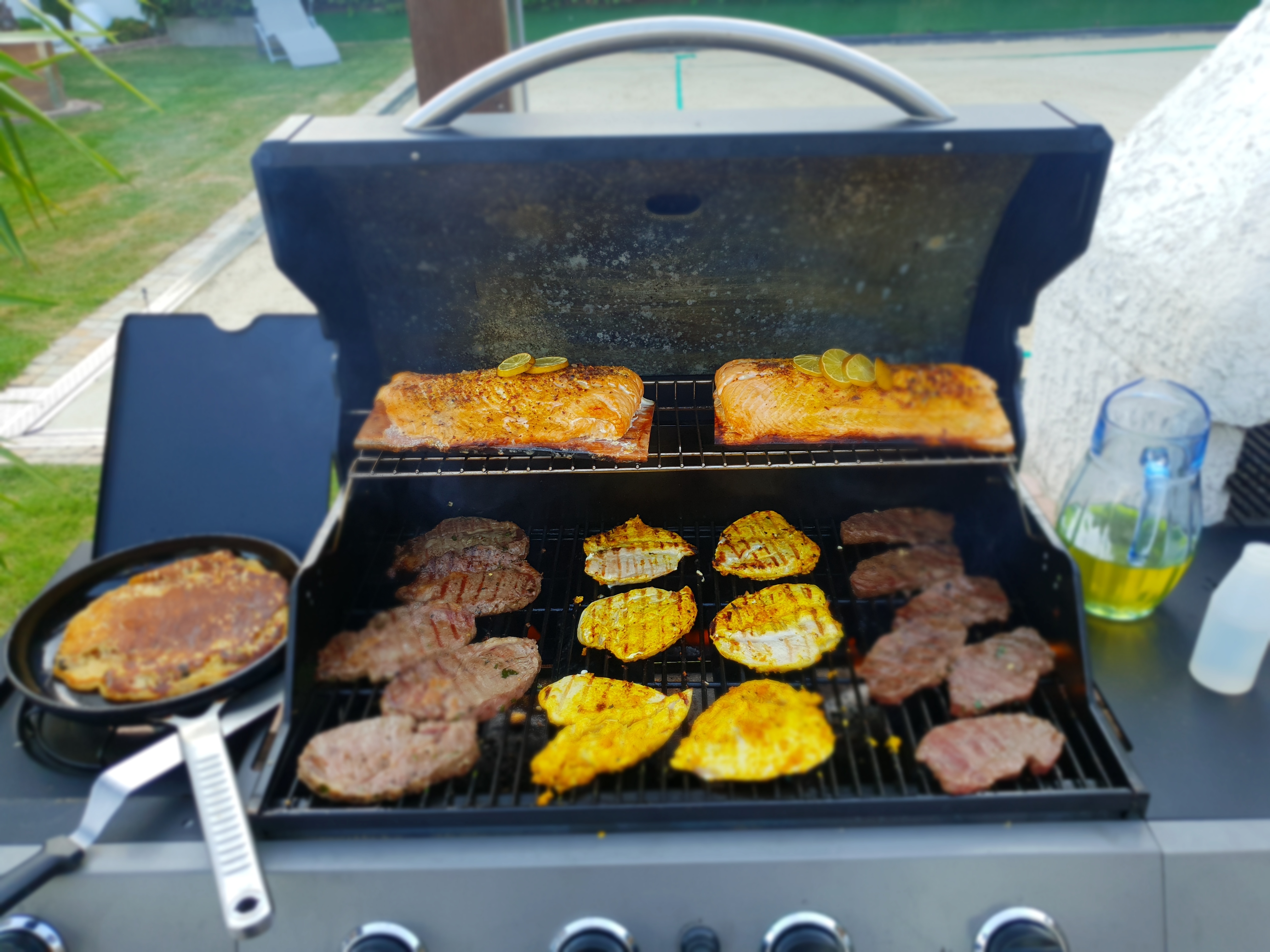 Gasgrill mit Lachs und Steaks